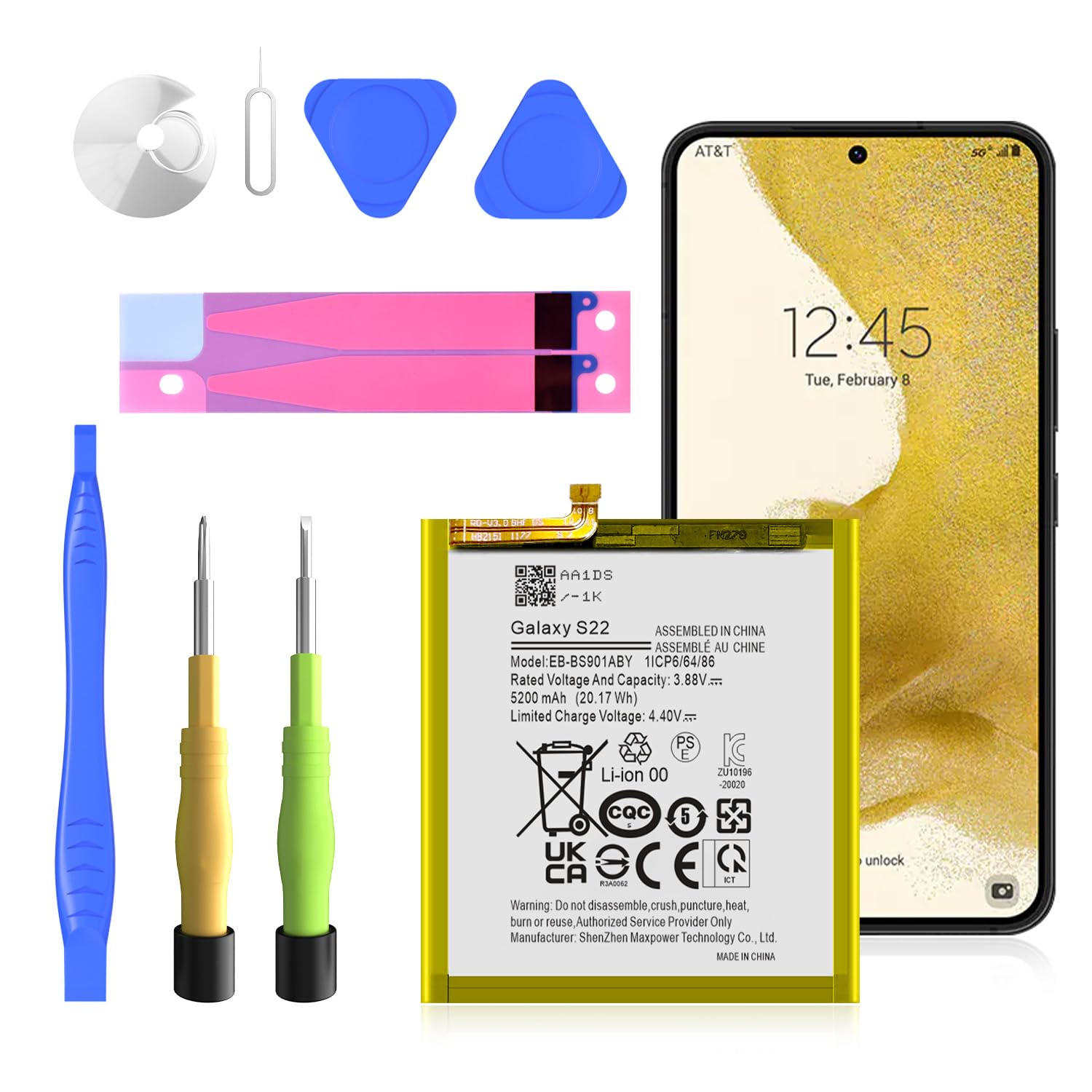 Batteria di ricambio per Galaxy S22, 5200 mAh EB-BS901ABY per S22 5G SM-S901 S901B S901E S901F S901N S901U S901W S9010 con kit di attrezzi di riparazione