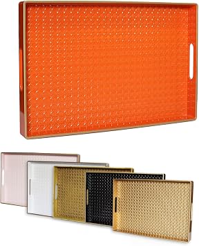 Orange Decorative Coffee Table Tray, Rectangular Plastic Serving Tray with Handles for Living Room, Ottoman, Bathroom, 15.7"*10.2"