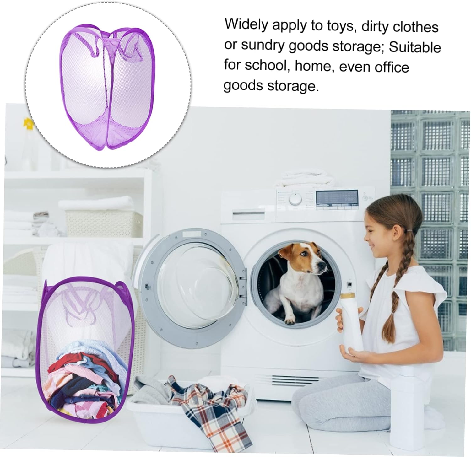 Foldable Pop Up Mesh Laundry Basket with Side Pocket and Handles Breathable Dirty Clothes Hamper for College Dorm Small Apartments Camping Purple