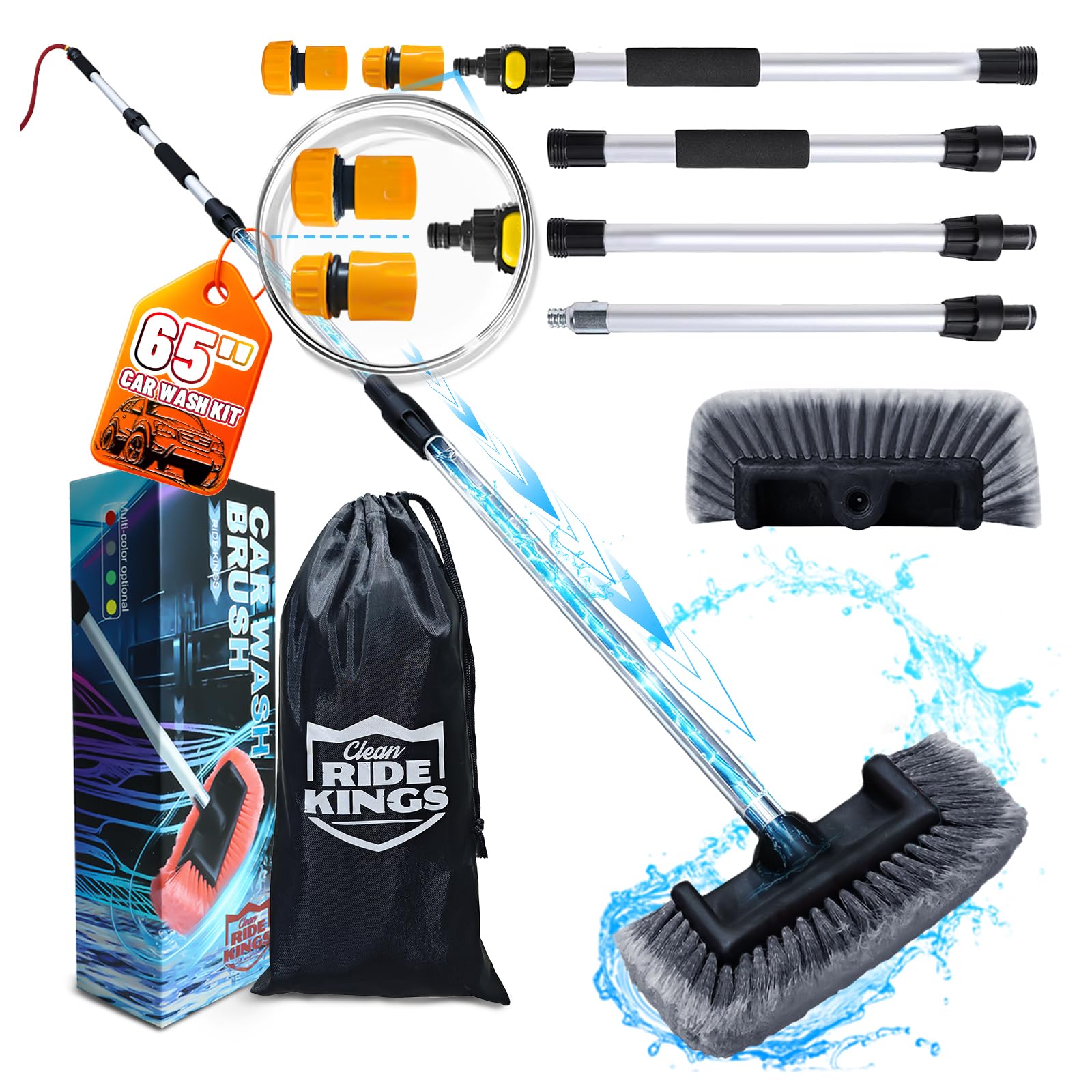 Spazzola per lavaggio auto da 165 cm, con adattatore universale per tubo da giardino, asta estensibile in alluminio con manico lungo per pulizia per camper, camion, SUV, barche e