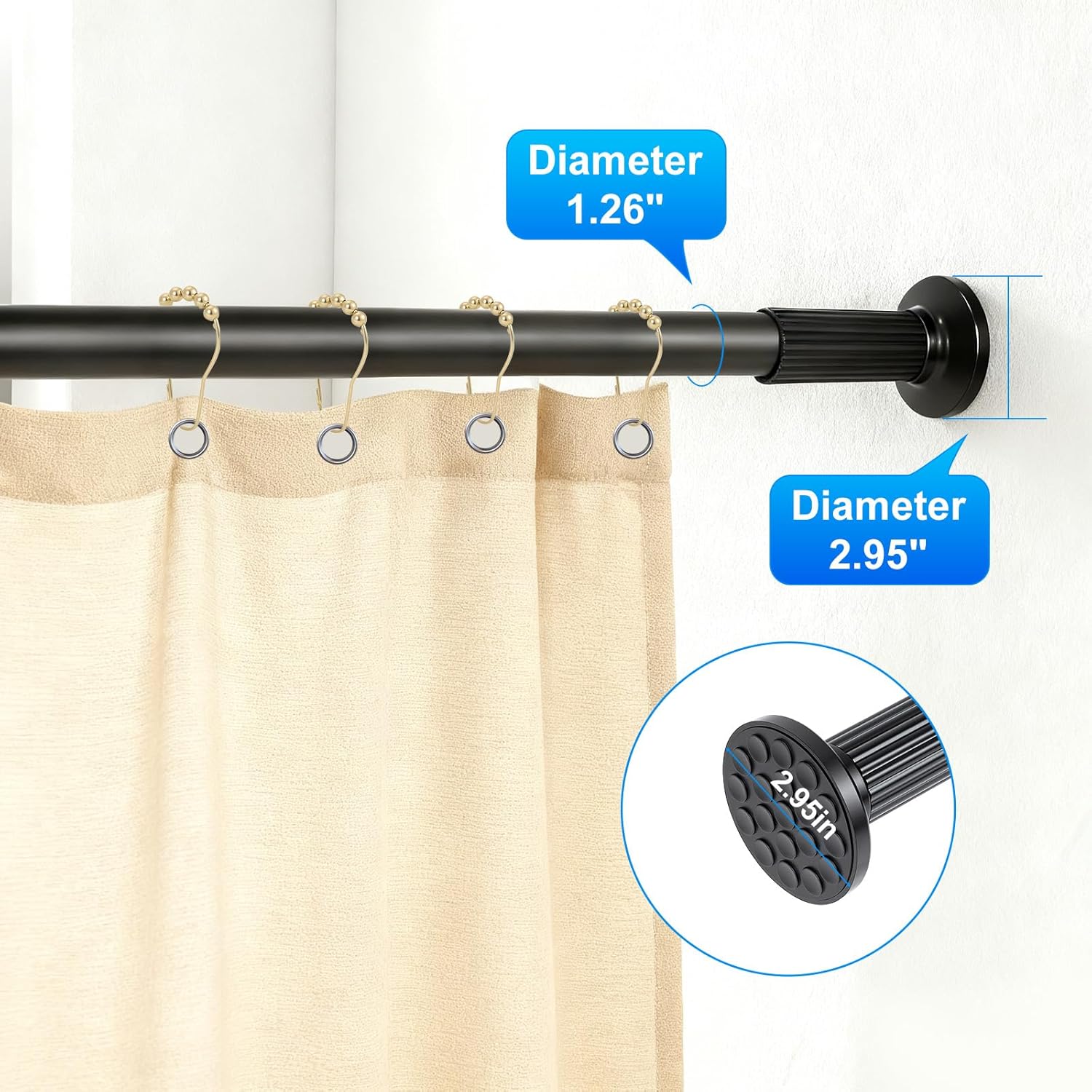 Heavy-duty Tension Curtain Rod, 47-86 Inch,Spring Closet Rod, for Windows or Shower, Easy to Install, No Drilling, No Rust, for Bathroom, Rod Diameter 1.26 Inches 32TD47-86-N-BLK 47-86" BLACK