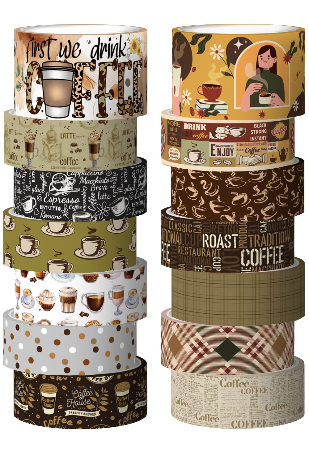 KOVANO Coffee Themed Washi Tape Set, 14 Rolls Vintage Crafts Tape, Art Decorative Tape for Scrapbooking Supplies, Junk Journal, Bullet Journaling,