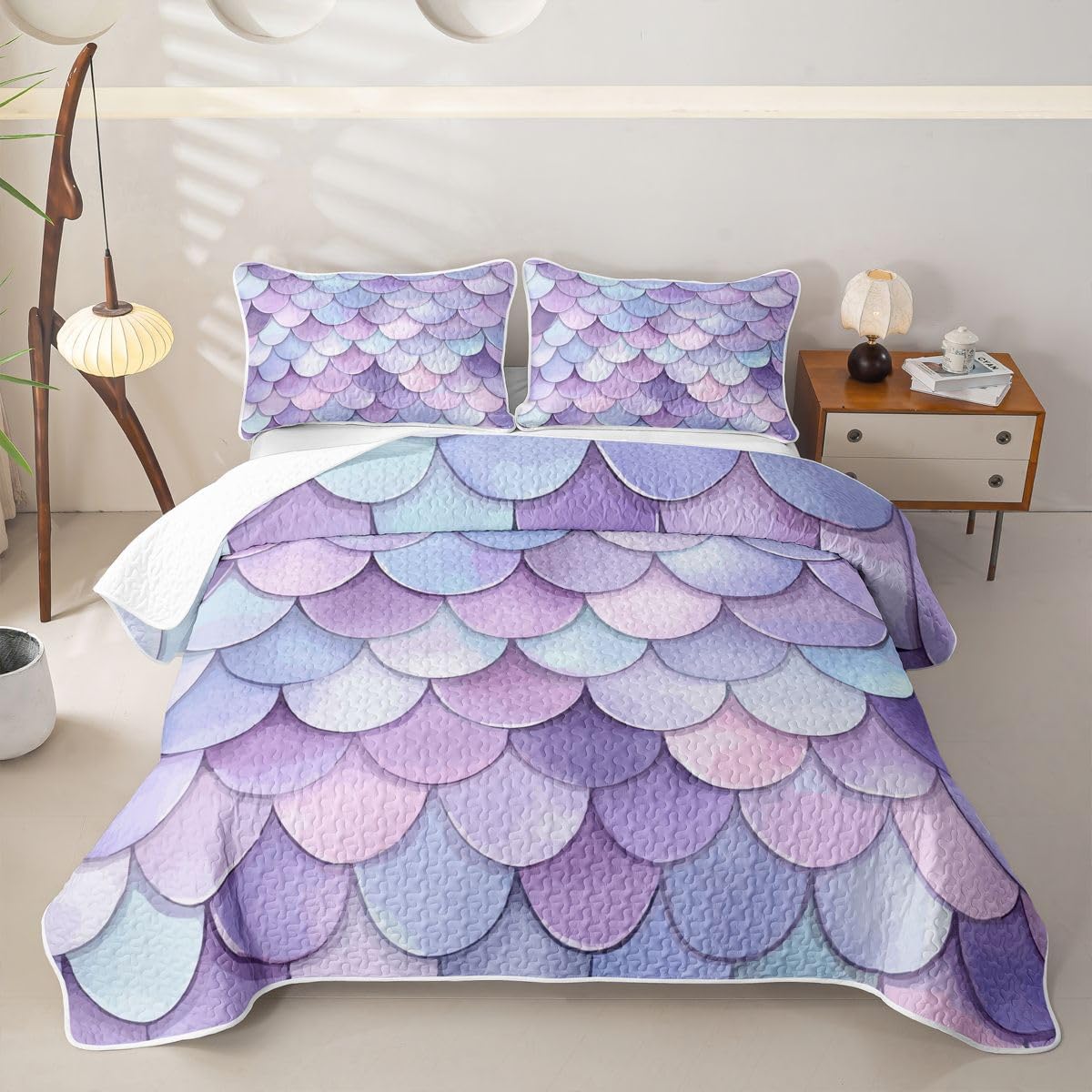 Castle Fairy Rainbow Mermaid Scale Quilt Set Girly Watercolor Fish Quilted Coverlet Kids Boys Girls Fairy Tale Lightweight Soft Bedspread Coverlet with 2 Pillow Sham Queen Size Purple Yellow