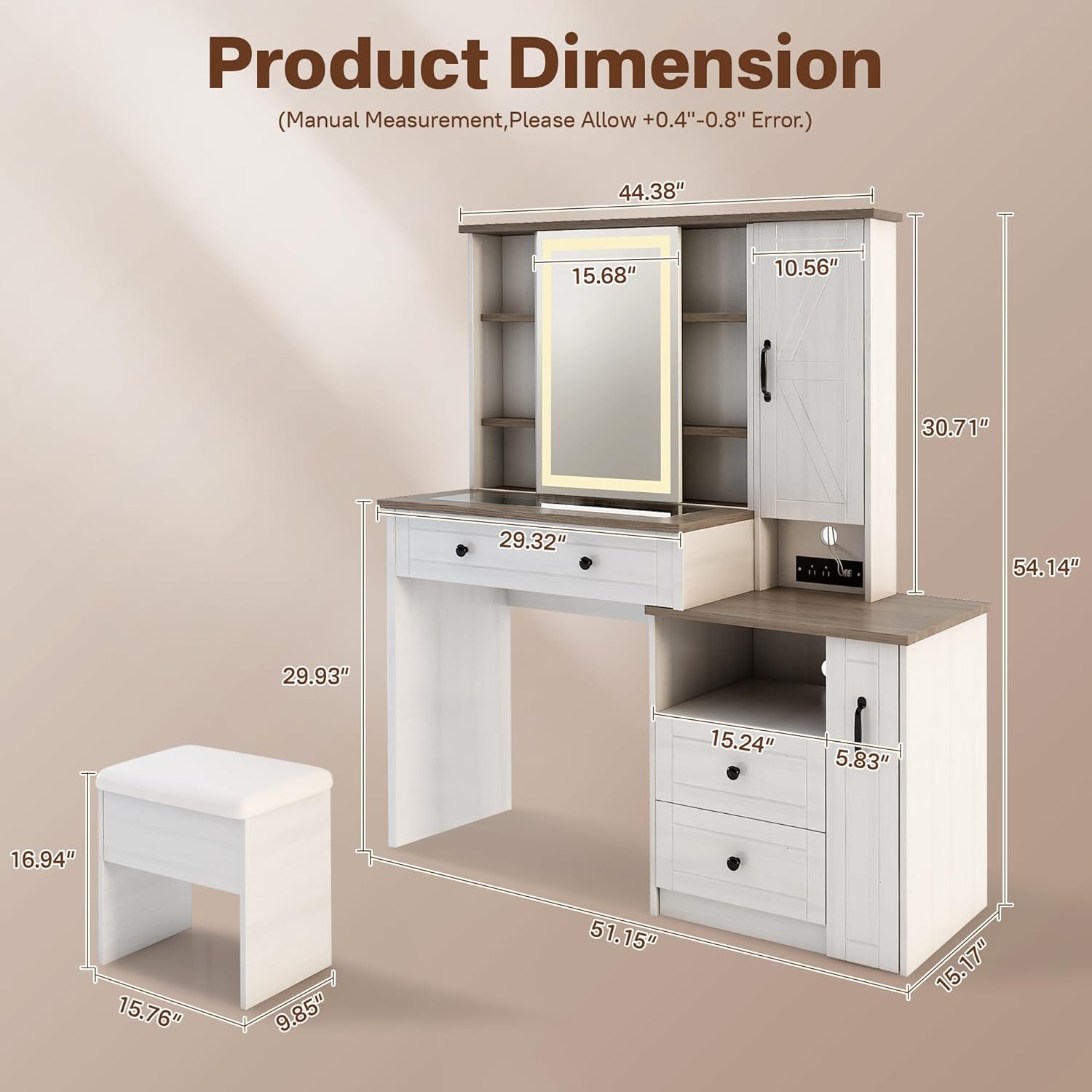 Product dimensions diagram for HOOOWOOO Vanity Desk and Stool.