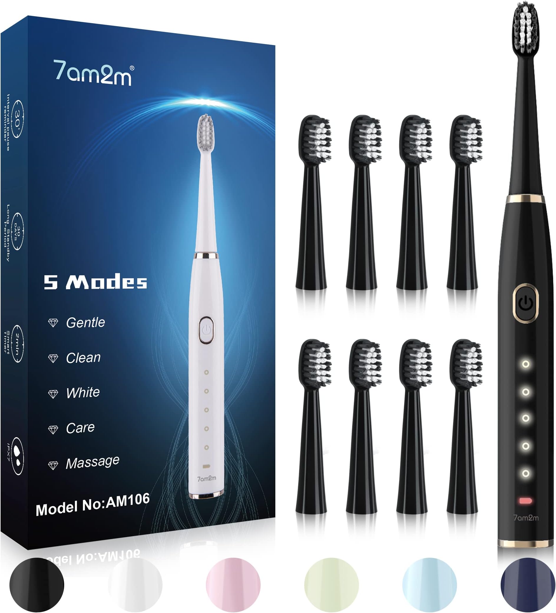 7AM2M Sonic Electric Toothbrush for Adults and Kids- High Power Rechargeable Toothbrushes with 8 Brush Heads,5 Adjustable Modes, Built-in 2-Minute Smart Timer,4 Hours Fast Charge for 75 Days(Black)