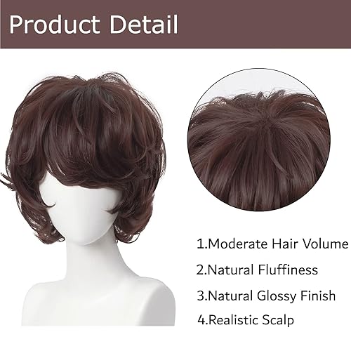 Miniatura 2 de Alacos Peluca corta rizada marrón para hombre, peluca tubbo cosplay con una gorra de peluca gratis, pelucas de cabello corto con flequillo, pelucas