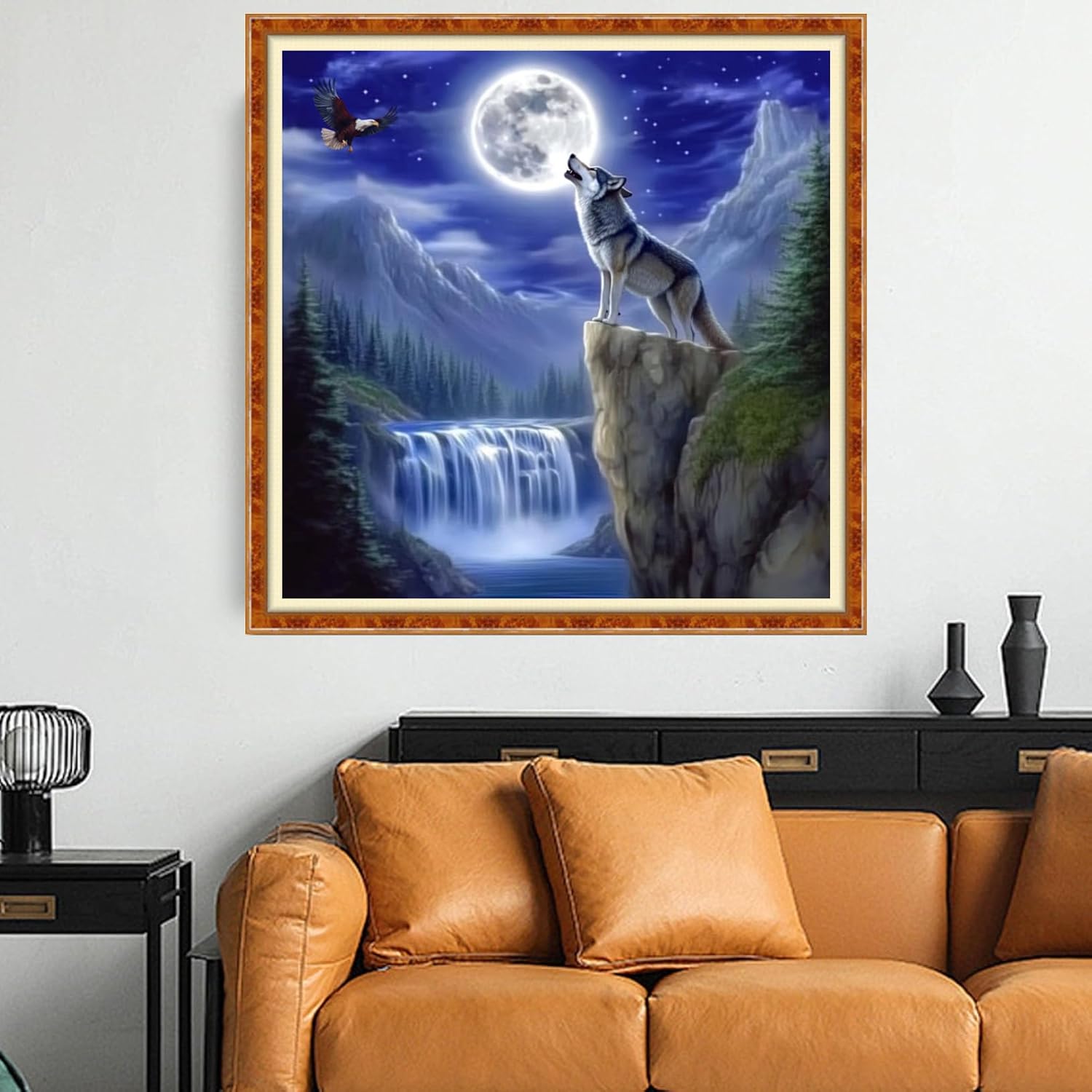 Funchey Counted Cross Stitch Kits for Adults Needlepoint Kits Unprinted Cross Stitching Embroidery Kit 11CT Cross Stitch Supplies-Wolf King Waterfall 18x18 inch
