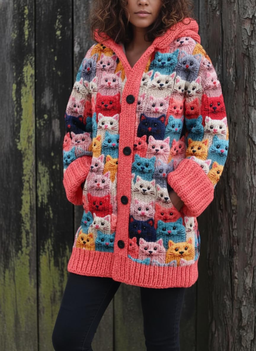 Women's Ethnic Floral Hooded Cardigan Long Sleeve Button Cardigans Midi Knit Jacket Fall Winter Warm Cat Print Sweater - Image 2
