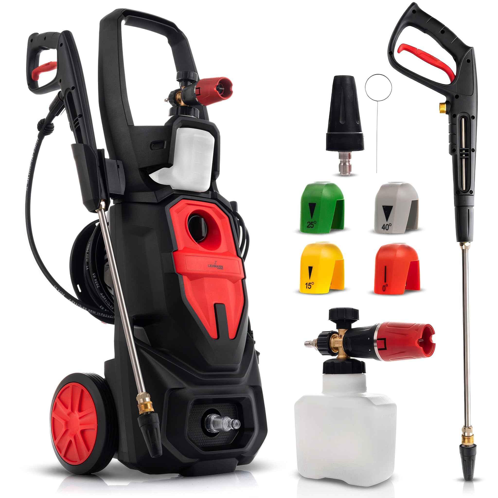 LEHMANN Idropulitrice Phoenix, 3000 W, max. 260 bar, Portata 480 l/h, Raggio d'azione 17 m, Motore a induzione, Lancia schiuma & 5 Ugelli intercambiabili, per Auto ed Esterni di Casa, Nero/Rosso