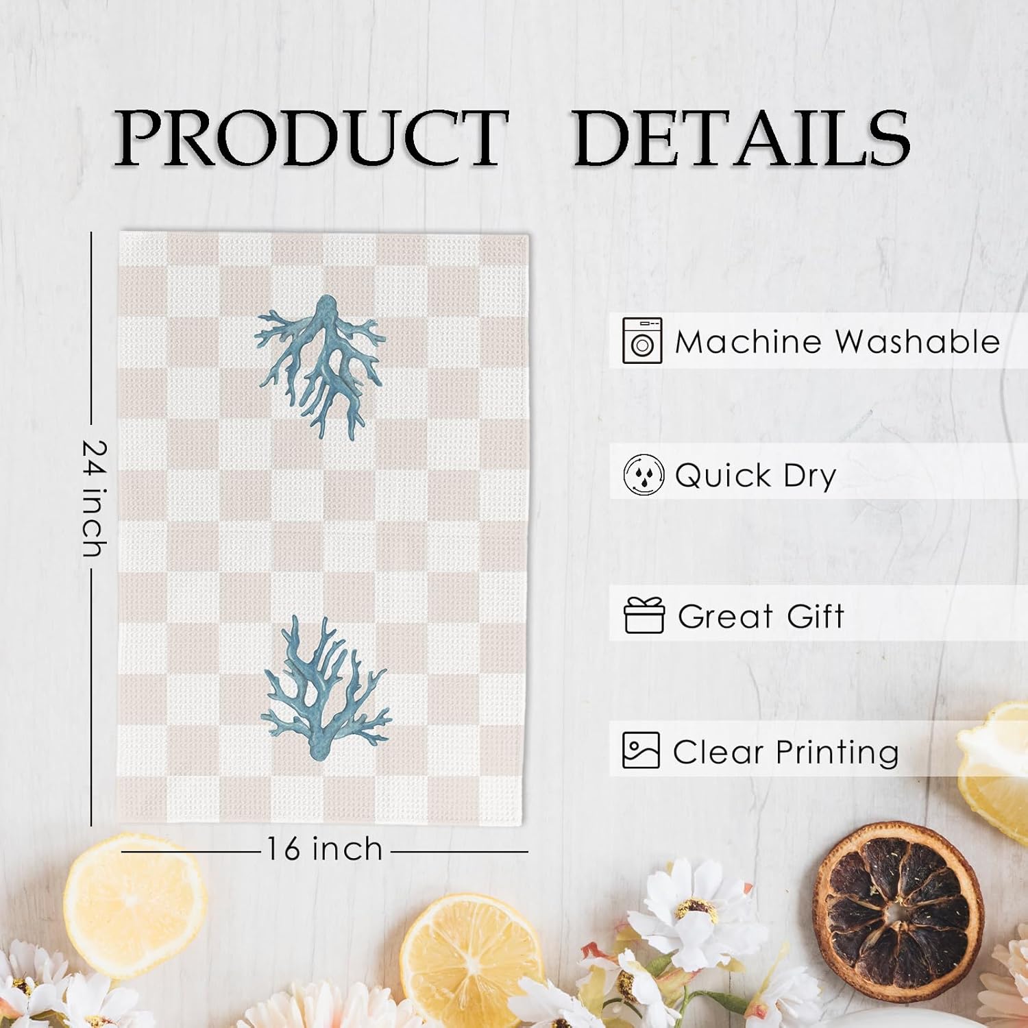 Coastal Beach Kitchen Towels and Dishcloths Set of 4, Beachy Striped Checkered Dish Towels, Seahorse Coral Seashell Starfish Decorative Hand Tea Towel for Bathroom Kitchen, 16x24 Inch