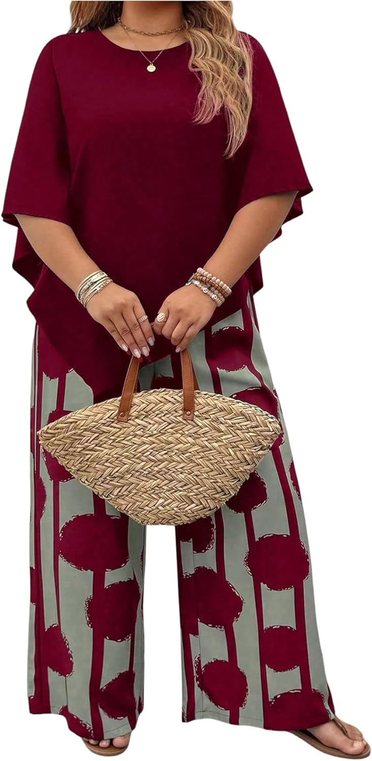 SOLY HUX Women's Plus Size Summer Vacation Outfits 2 Piece Half Sleeve Asymmetrical Blouse Tops and Wide Leg Pants Set