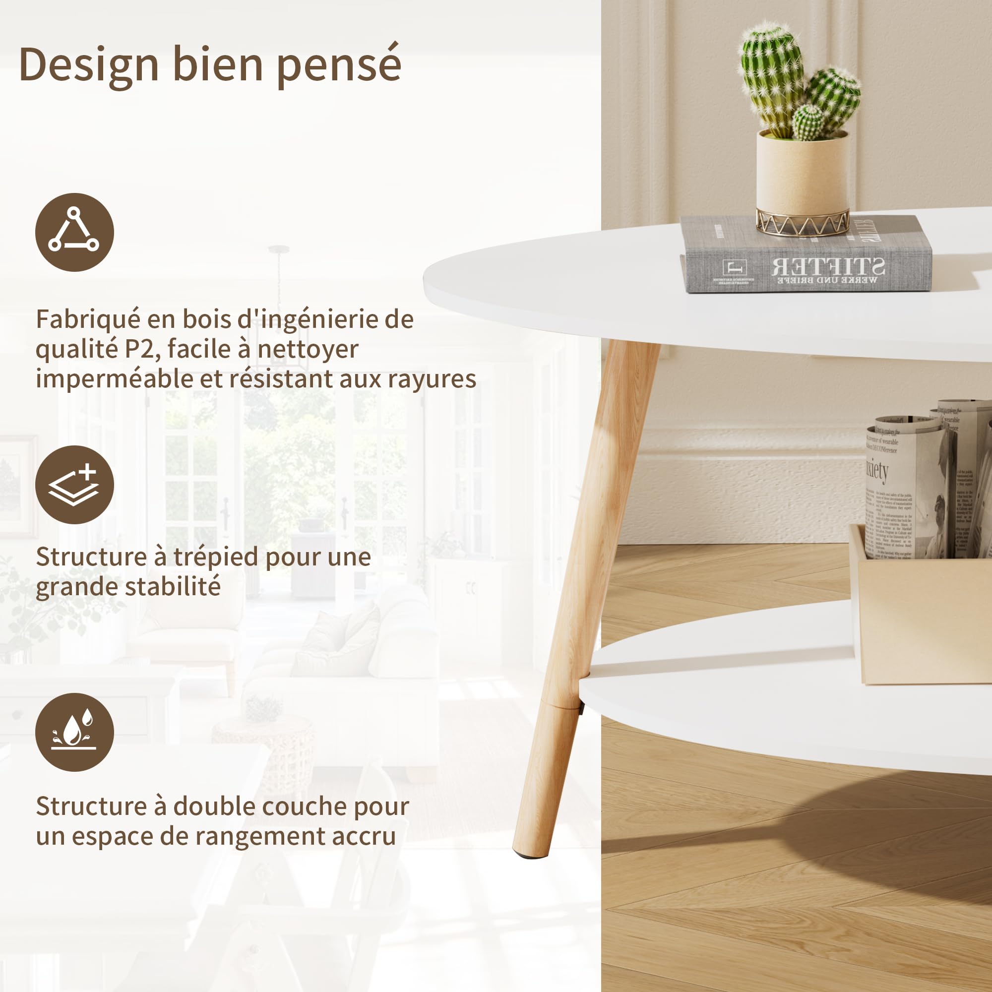 BonVache Table de Thé en Bois Massif, Table de Salon Ovale à Double Niveau, Table Ronde pour Salon, Table Basse, Table d'Appoint, Table à Thé, Blanc
