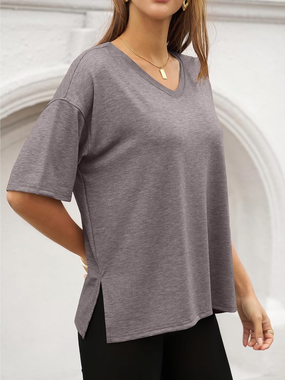 UNCLECAT Oversized Tshirts for Women V Neck Short Sleeve Tops Summer Athletic Casual Loose Fit Side Slit Basic Tee - Image 3