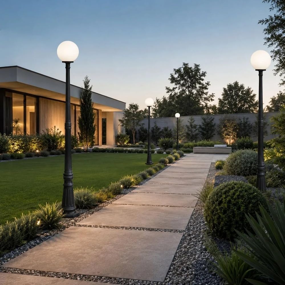 BARCELONA LED Lampa Ogrodowa Kula E27 2,10m IP44 Klasyczna | Ponadczasowy Styl,Dyfuzor Opalowy,IK04,Sześciokątna Podstawa,Odporna Żywica,Ogród Zewnętrzny