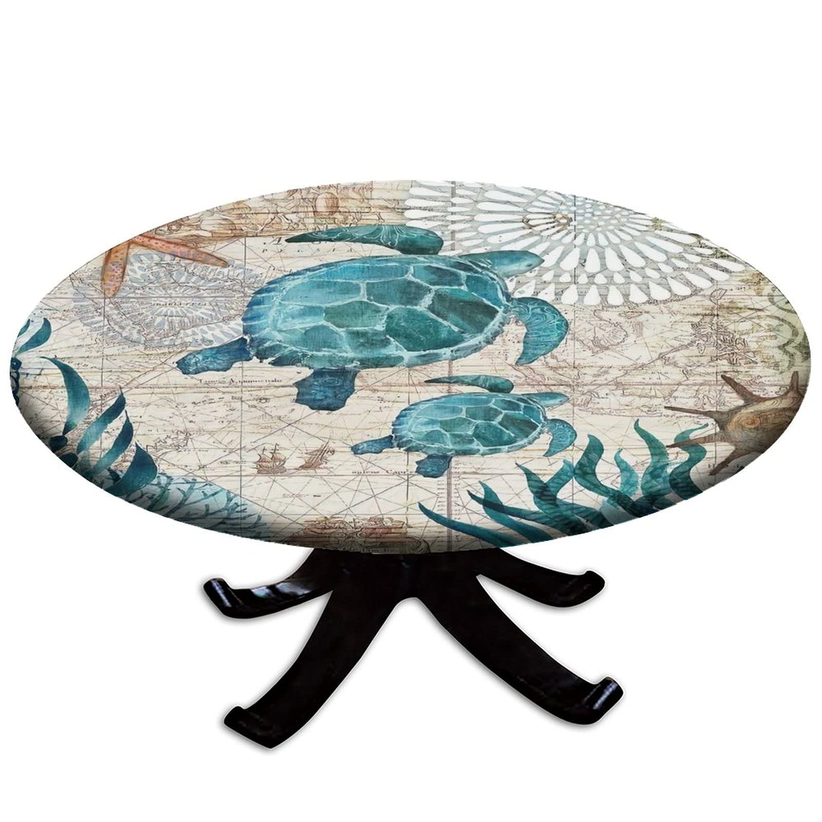 igoga sports Ocean Turtle Fitted Tablecloth Round, Blue Green Ocean Animal Theme Elastic Edged Patio Party Dining Table Decor, Fits 48 to 52 Diameter Tables, Fits Tables up to 48 - 52 Diameter