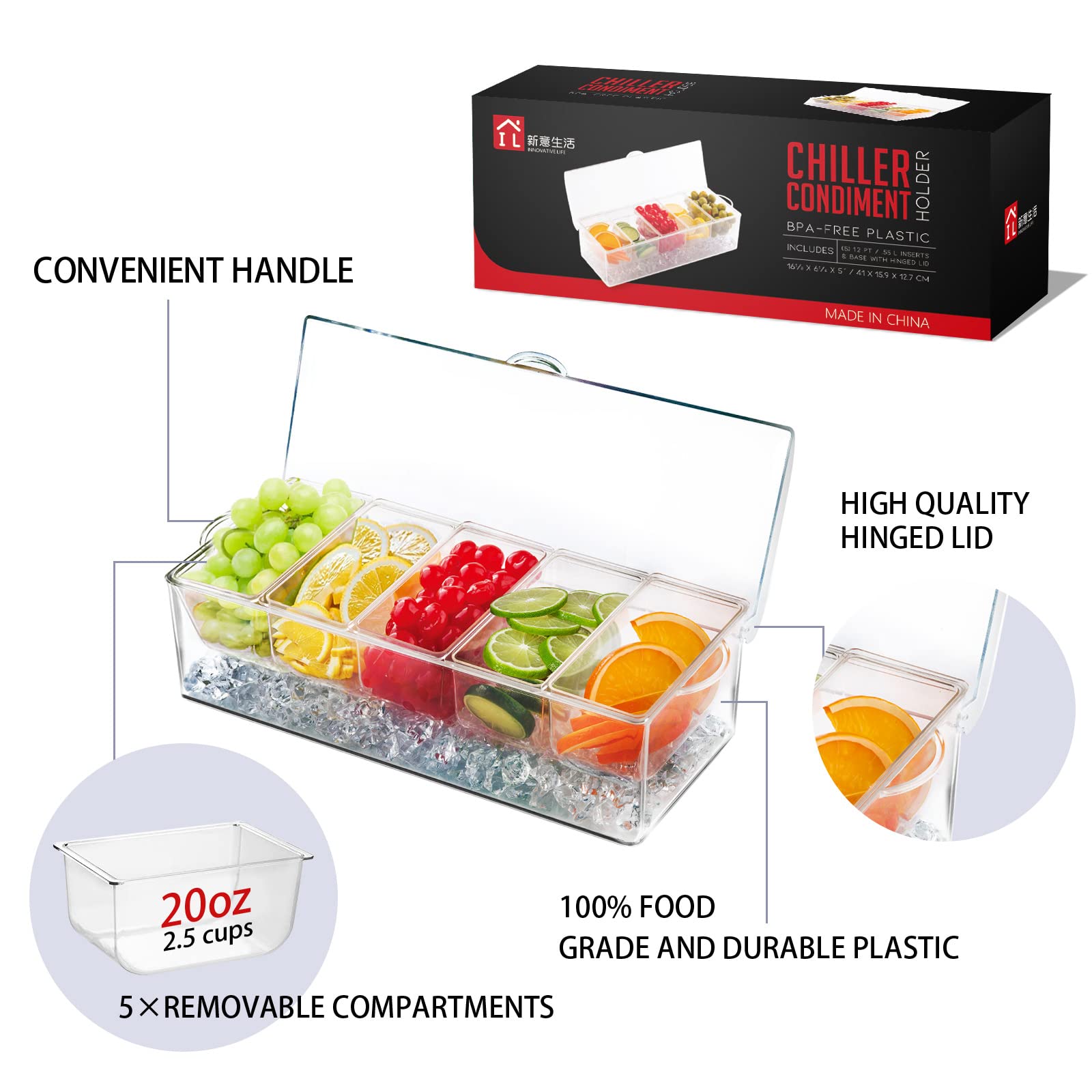 INNOVATIVE LIFE Modern Minimalist Clear Condiment Server with Lid, 5-Compartment Chilled Serving Tray for Parties, Cooled Condiment Organizer
