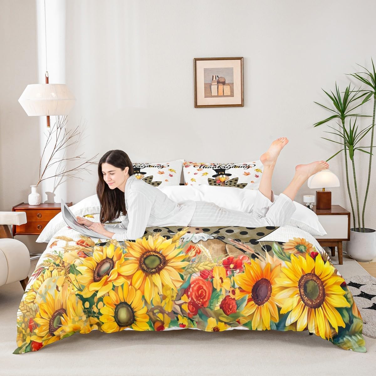 Happy Thanksgiving Kids Duvet Cover Set King Size,Cartoon Turkey Sunflowers Bedding Set,Girls Boys Adults Room/Cabin Decor,Fall Maple Leaves Comforter Cover,Rustic Farm Quilt Cover,2 Pillowcases