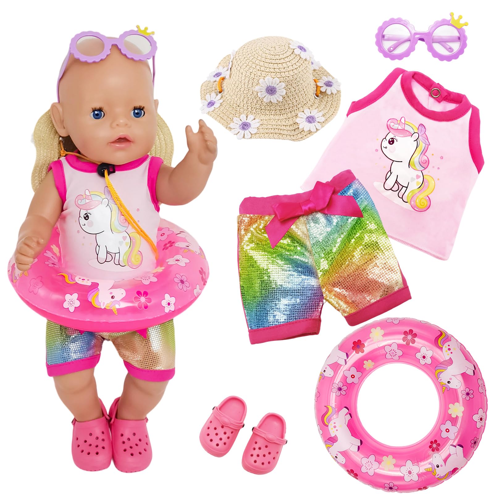 WanderGo 6PCS Swimming Baby Doll Clothes 43 cm Doll Clothing Summer Set Pink Doll Outfit with Horse Motif, Swim Ring, Purple Sunglasses, Sandals, and Floral Sun Hat for Baby Dolls