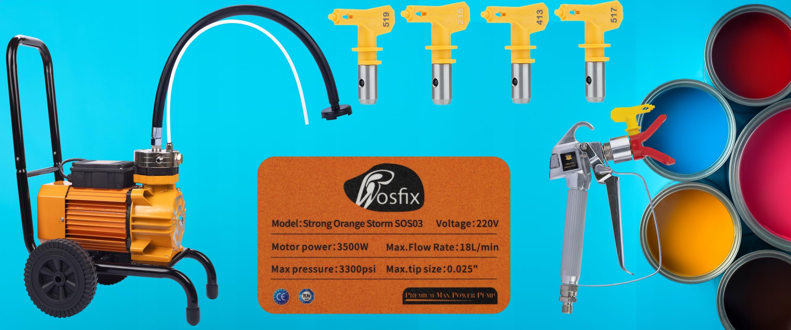 Rosfix Strong Orange Storm SOS03 – hydrodynamiczne urządzenie natryskowe | 3500 W | 18 l/min | w zestawie akcesoria malarskie PACK-MAX3 | profesjonalna technologia Airless do farb ściennych, lakierów