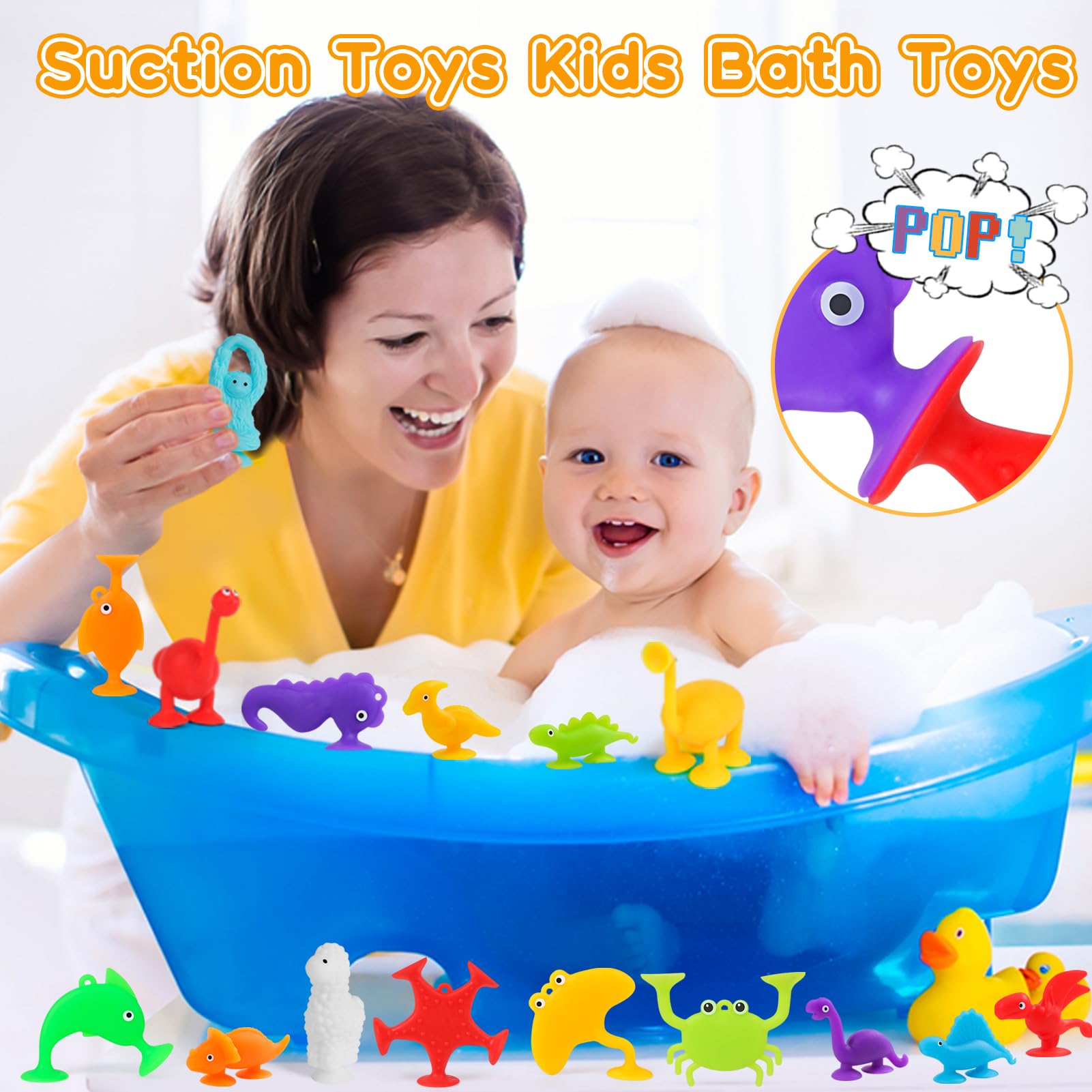 Baby Bath Toys for Kids Ages 4-8, 18 Pcs Silicone Ocean Animal Dinosaur Suction Cup Toys, No Hole Bathtub Toy Sensory Travel Window Fidget Toy for Toddlers Age 3, Party Favor Birthday
