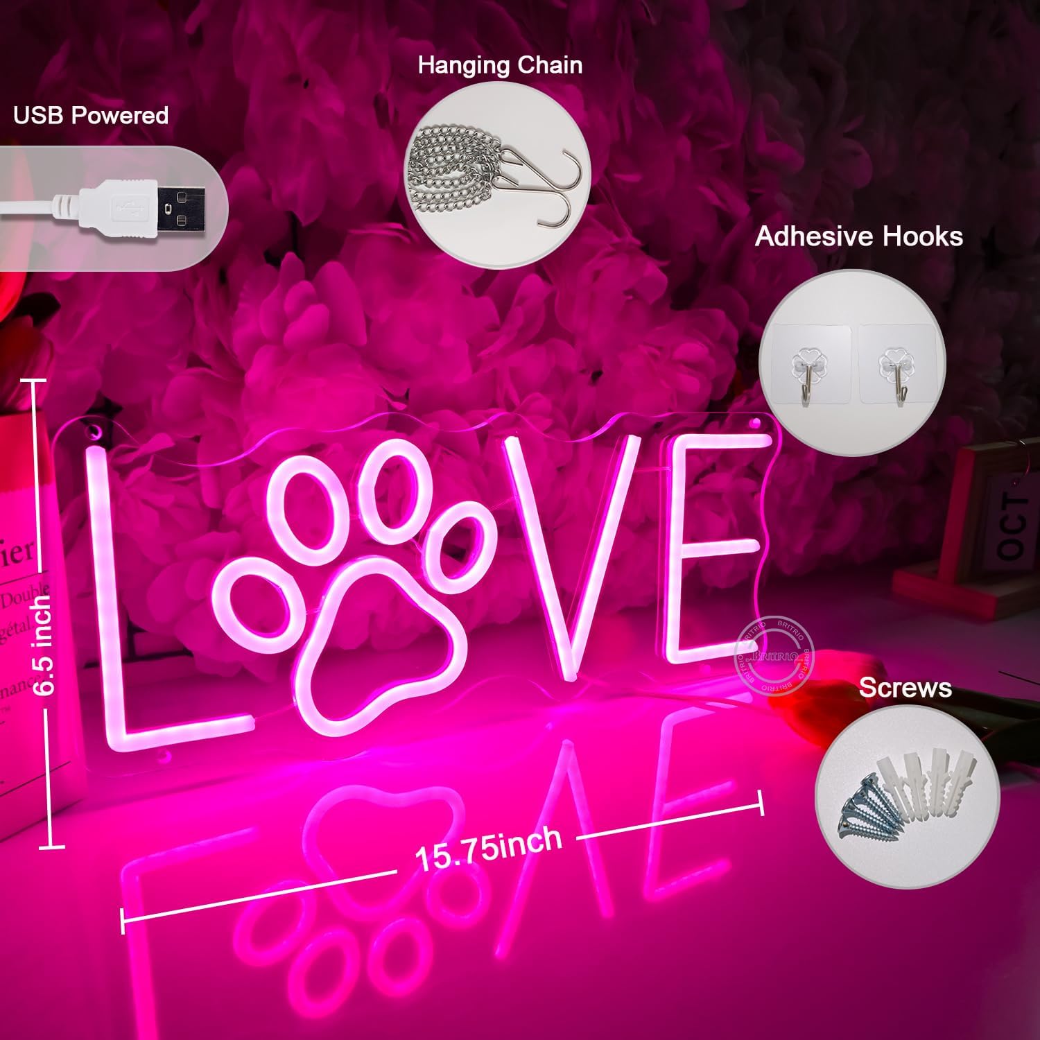 Britrio Pink Love LED Neon Light Sign Dog Paw Neon Sign Wall Decor for Pet Room Dog Cat Lover Girl Bedroom Wife Women Birthday Wedding Gift Living Room Home Decor Neon Night Light USB Powered 15.75” - Image 4