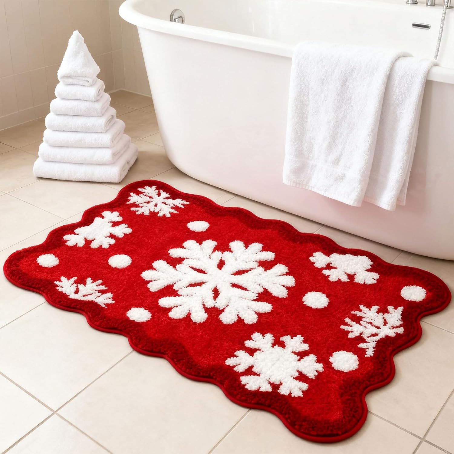 Moutina Christmas Snowflake Bathroom Rug 20x32 Inch, Winter Soft and Absorbent Tufted Xmas Red Bath Mat Non Slip Washable, Christmas Bathroom Decor Rug Snow Holiday Decorations