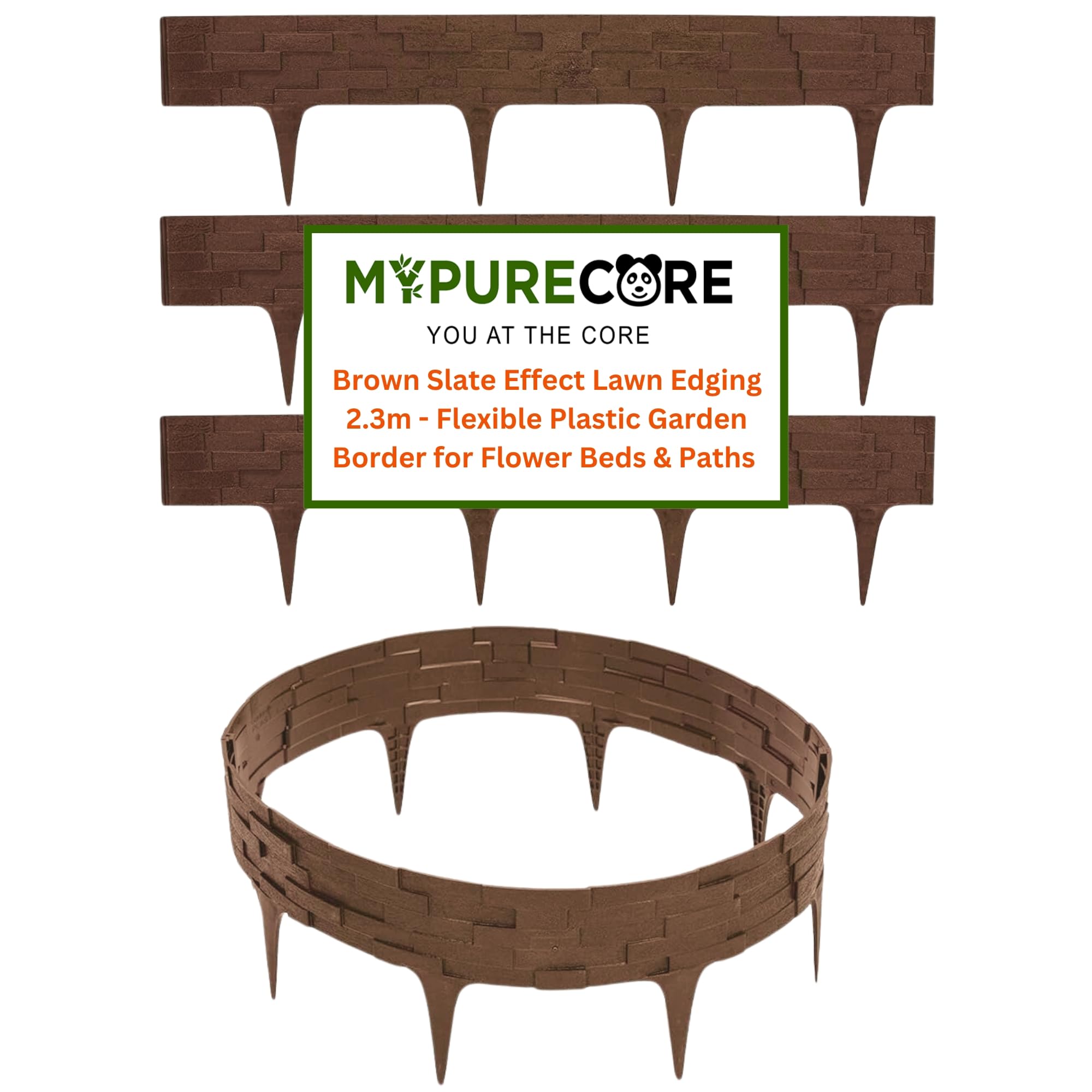 MYPURECORE Brown Stone Effect Lawn Edging 2.3m - Flexible Plastic Garden Border for Flower Beds & Paths | Weather-Resistant & Recyclable Palisade | Easy Install Edging for Grass, Gravel & Landscape