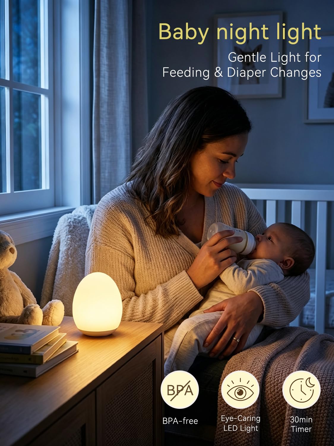 Luz nocturna de huevo de silicona para bebés, atenuación de 3 niveles, sensor de grifo y temporizador de 30 minutos, lámpara portátil para habitación de niños