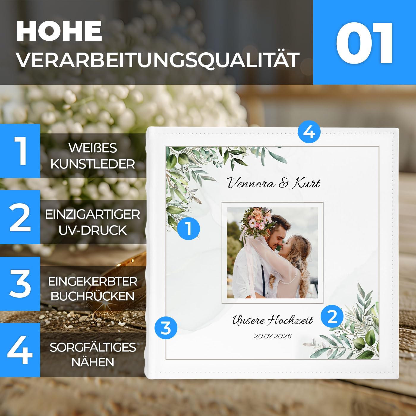 Maverton Einsteckalbum mit Aufdruck für 500 Fotos - Fotoalbum zum Einstecken 10x15 cm - 33x33cm - Weiß - personalisierte Geschenke zur Hochzeit - Hochzeitsgeschenk für Brautpaar
