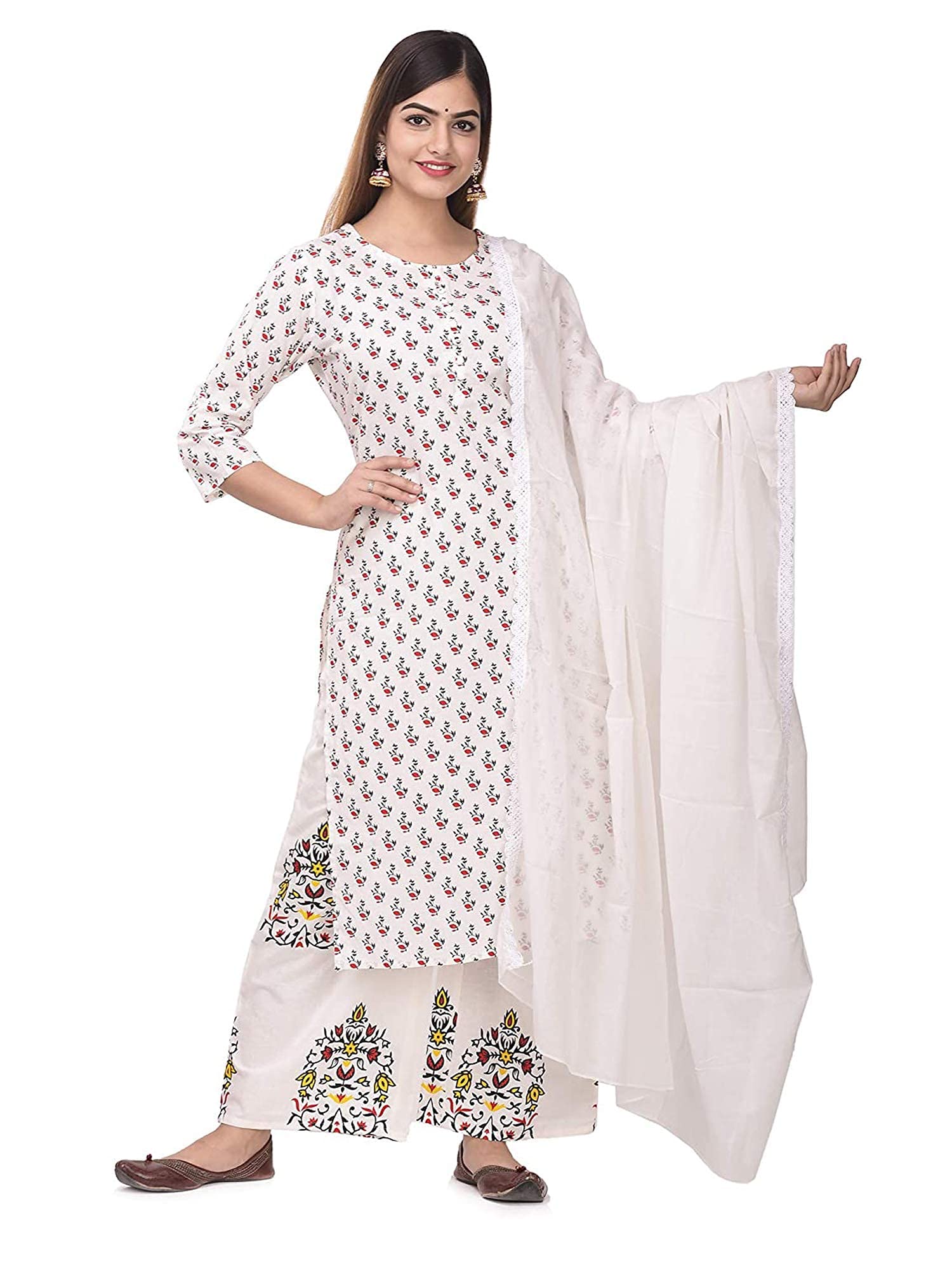 TI AMOWomen's Soft Rayon Printed Anarkali Kurti with Dupatta White Printed-L