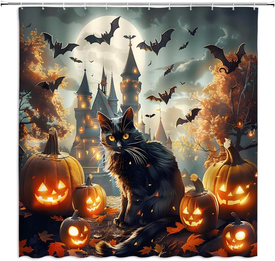 Spooky Halloween Shower Curtain Cute Black Cat Horror Pumpkin Full Moon Bat Maple Leaves Scary Castle Gothic Theme Fall Forest Bathroom Decor Fabric Curtains with Hook 70Wx80H Inches