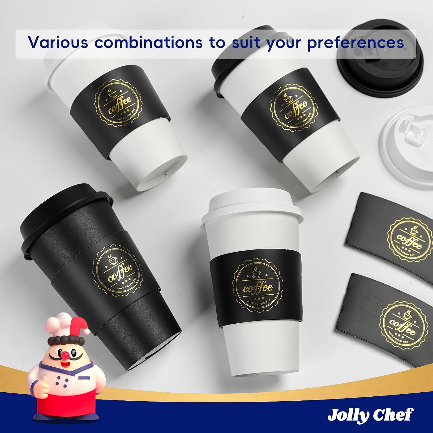 JOLLY CHEF 100 Pack 16 oz Disposable Coffee Cups with Lids Sleeves Stirrers image 5