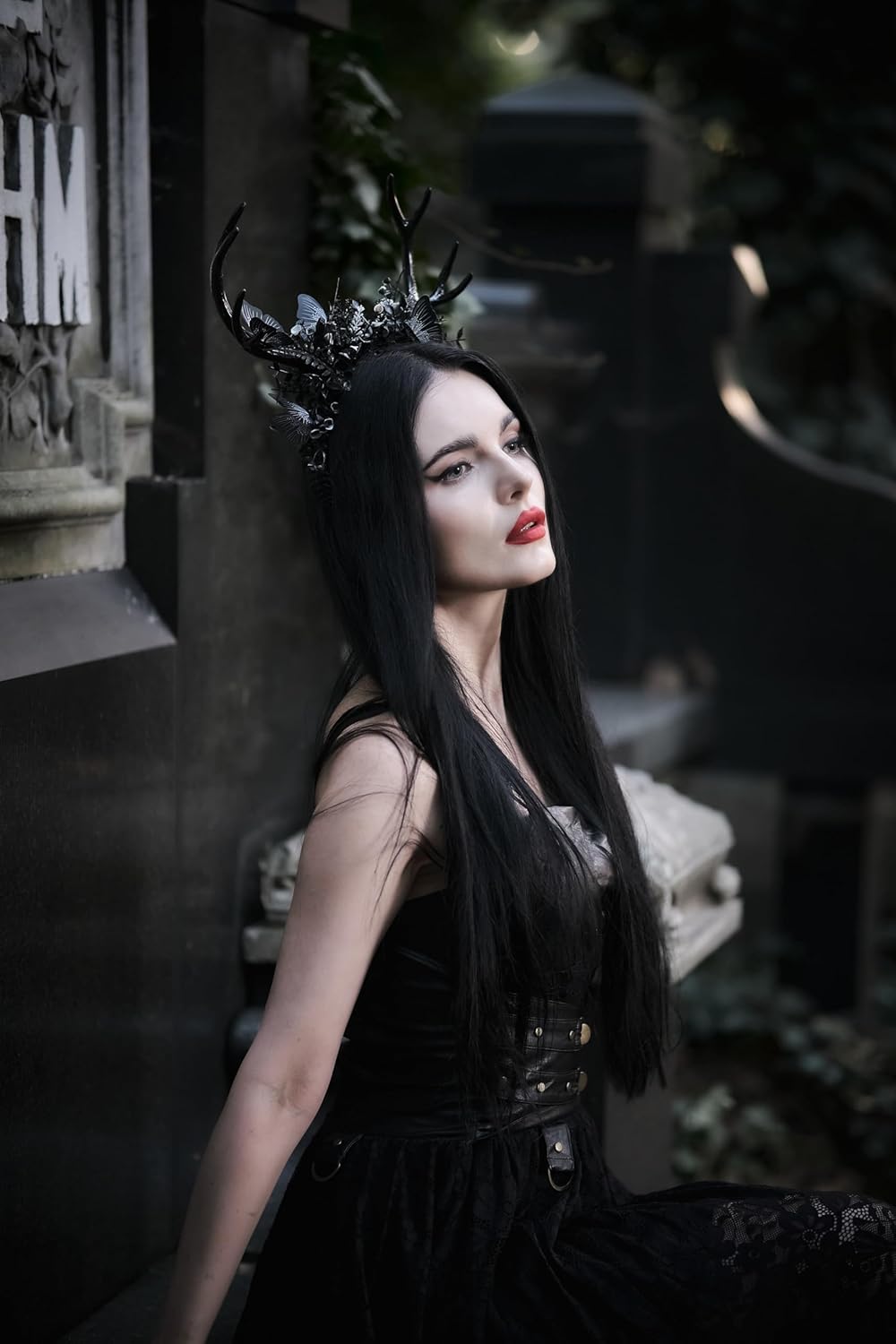 MOSTORY Handmade Black Deer Antlers Headband Gothic Reindeer Horns Elf Crown Dark Woodland Butterfly Headpiece for Women Girls Renaissance Halloween Cosplay Goth Wedding Party - Image 3