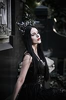 Vista 3 de MOSTORY Diadema hecha a mano con cuernos de ciervo negro, corona de elfo gótico, corona de elfo, bosque oscuro, mariposa, para mujeres y niñas