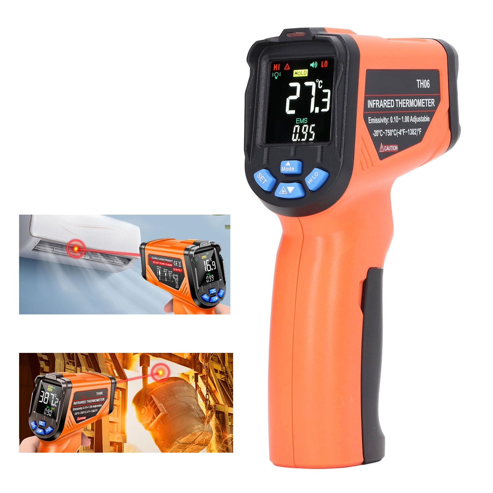 Pistola de temperatura digital HaloVerde Tiger con rango de -20 °C a 750 °C y emisividad ajustable, pistola de temperatura sin contacto con alarma de alta temperatura para uso