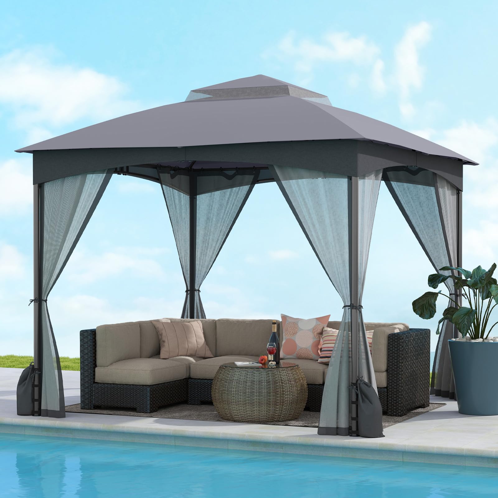 COSTWAY Gazebo da Giardino 3 x 3 m, Gazebo Impermeabile con Rete Mesh Staccabile e Terro Ventilato a Doppio Strato, Tenda Regolabile in Altezza per Feste, BBQ e Picnic (Grigio)