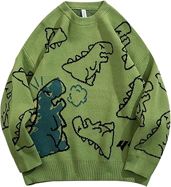 Womens Dinosaur Sweater Vintage Oversized Sweater Y2K Graphic Knit Pullover Sweater Unisex Casual Cute Kawaii Tops