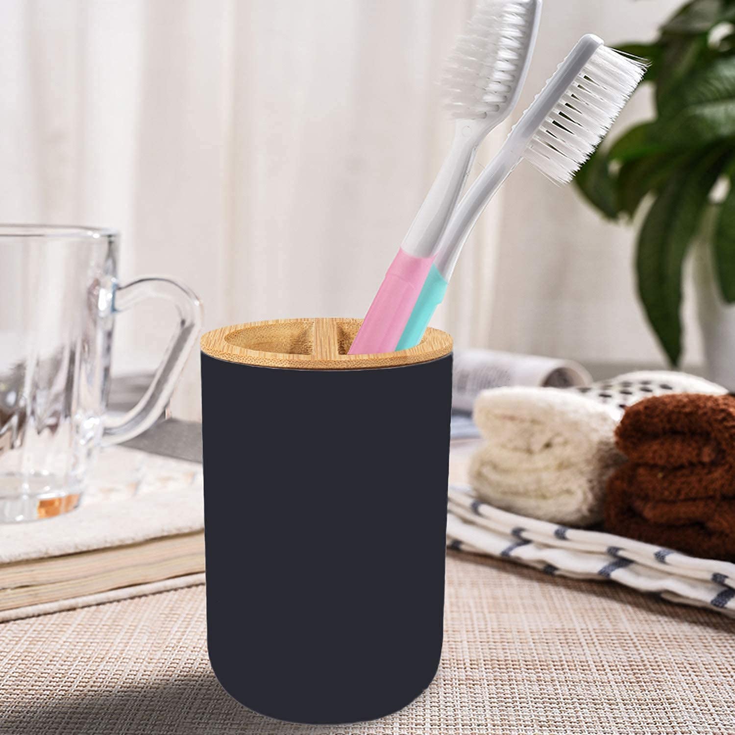 MissFox Set Accessori Bagno In Bambù 6 Pezzi: Dispenser, Cestino, Portaspazzolino, Scopino, Portasapone, Bicchiere, Grigio