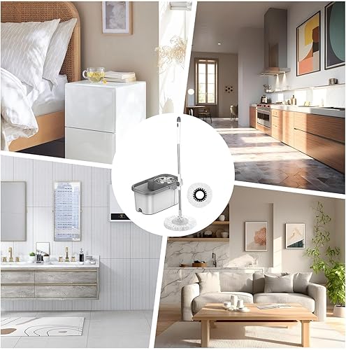 Miniatura 7 de Juego de trapeador y cubeta  Kit de cubo giratorio para fregona con escurridor, suministros de limpieza para el hogar, mango ajustable interactivo