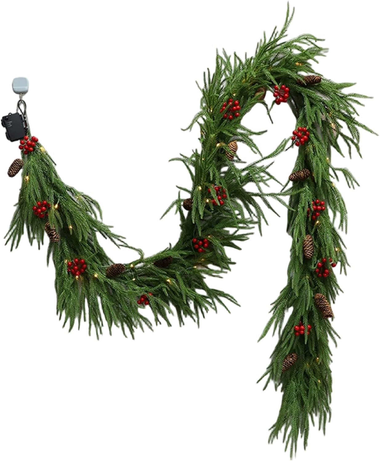 Christmas Garland with Lights 9FT Realistic Norfolk Pine Garland with Red Berry for Xmas Tree Stairs Fireplace Holiday Decor.