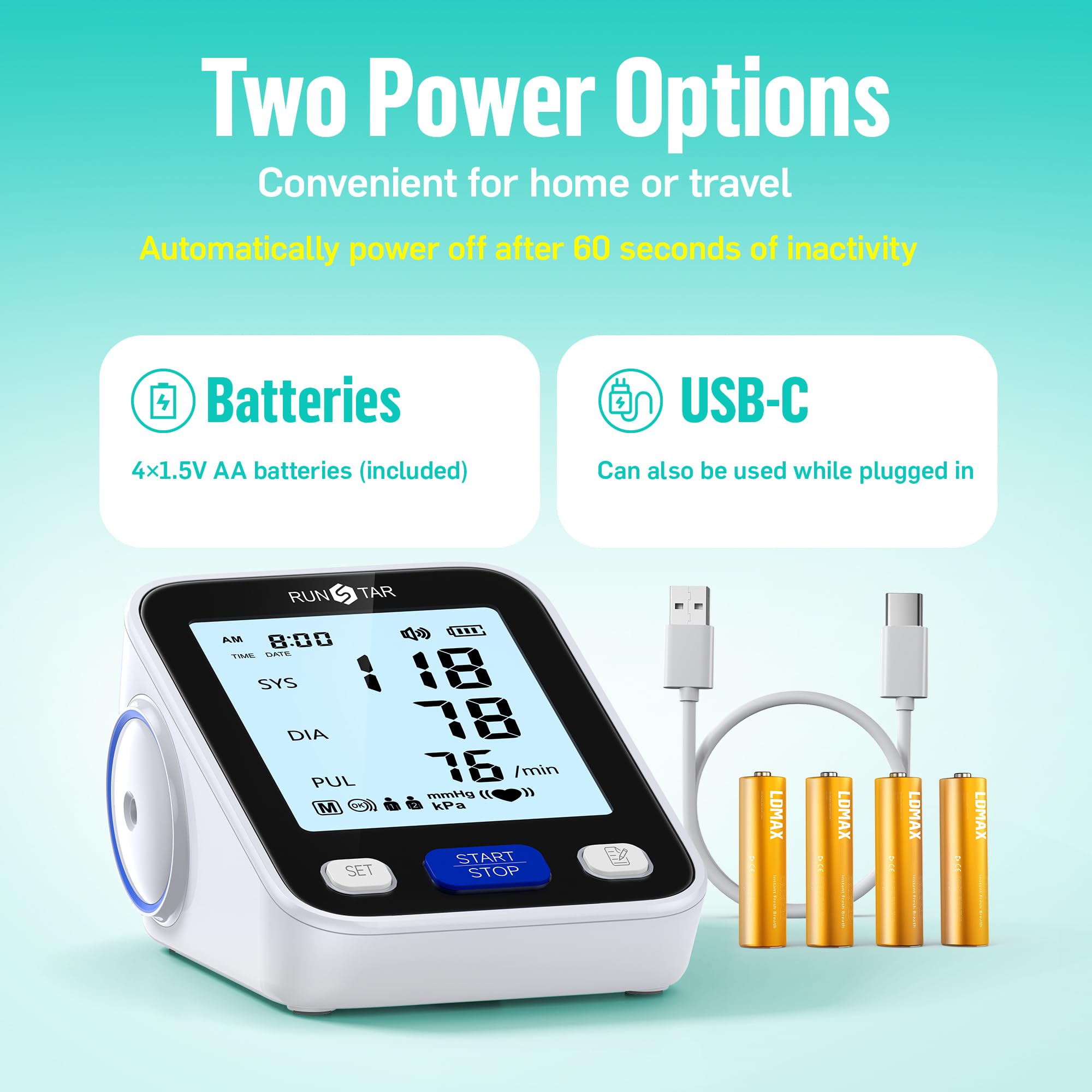 RunStar Upper Arm Blood Pressure Monitor with Wide Range Cuff (8.6'' -16.5'') for Home Use FSA&HSA Eligible, Automatic Digital BP Machine with Storage Bag, 2x99 Reading Memory