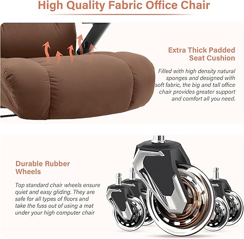 Miniatura 7 de Silla de oficina grande y alta, 500 libras, silla de escritorio ejecutiva de tela con soporte lumbar ajustable, brazos abatibles 3D, ruedas