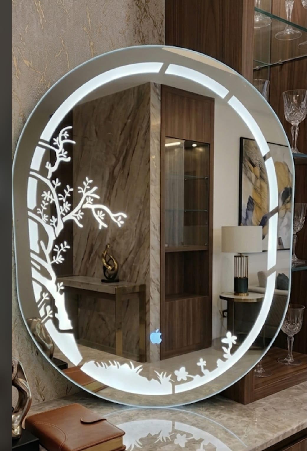 @005 Capsule Shape LED Backlit Wall Mirror with Etched Tree Design, 3 Color Touch Sensor, Warm & Cool White Light.(18 * 24) Inch-image-34