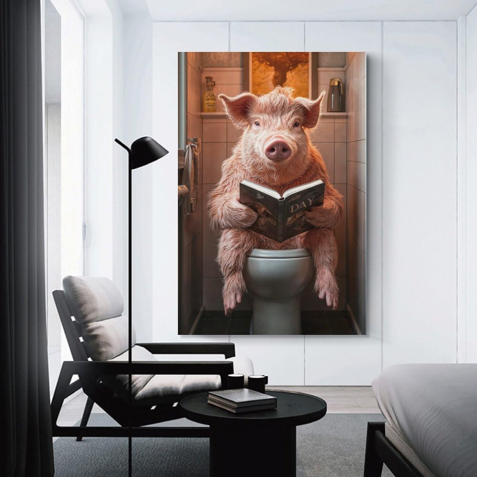 Junmoney Pig Reading on Toilet Decorative Wall Artwork, 16x24inch(40x60cm), for Home Lounge, Bedroom Or Reading Nook, Eye Catching Artwork for Blank Walls