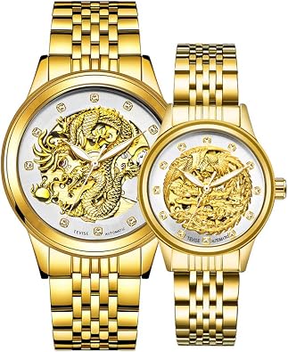 Tevise Automatic Mechanical Dragon & Phoenix Couple Watches with Stainless-Steel Strap - Silvery
