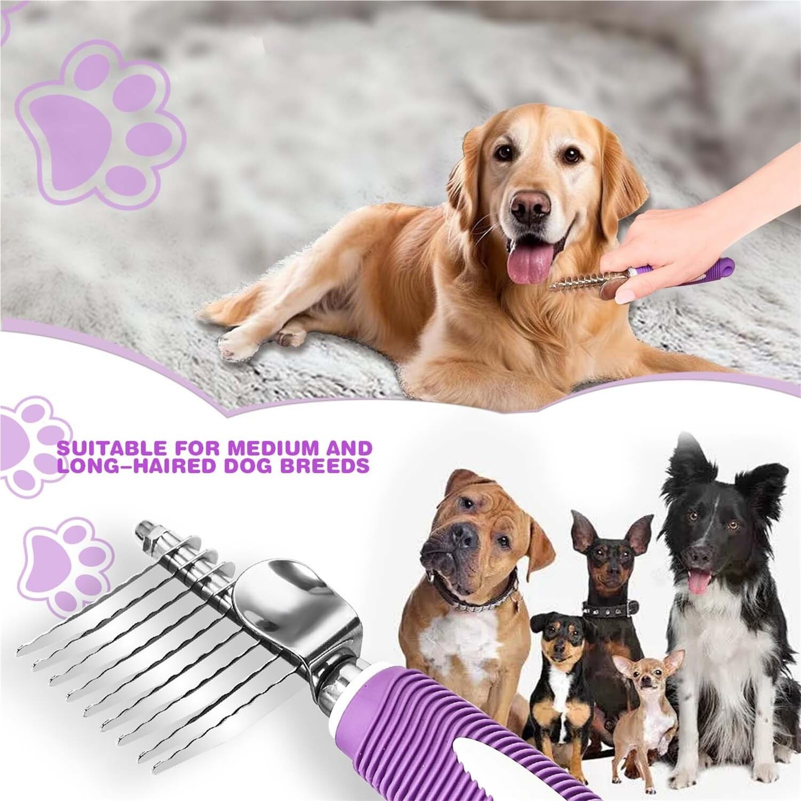 Hundekamm Fellrechen for Haustiere, Kamm, Bürstenwerkzeug for Hunde und Katzen, mit langen Klingen for Entwirren von verfilztem oder verknotetem Unterfellhaar zum Entwirren
