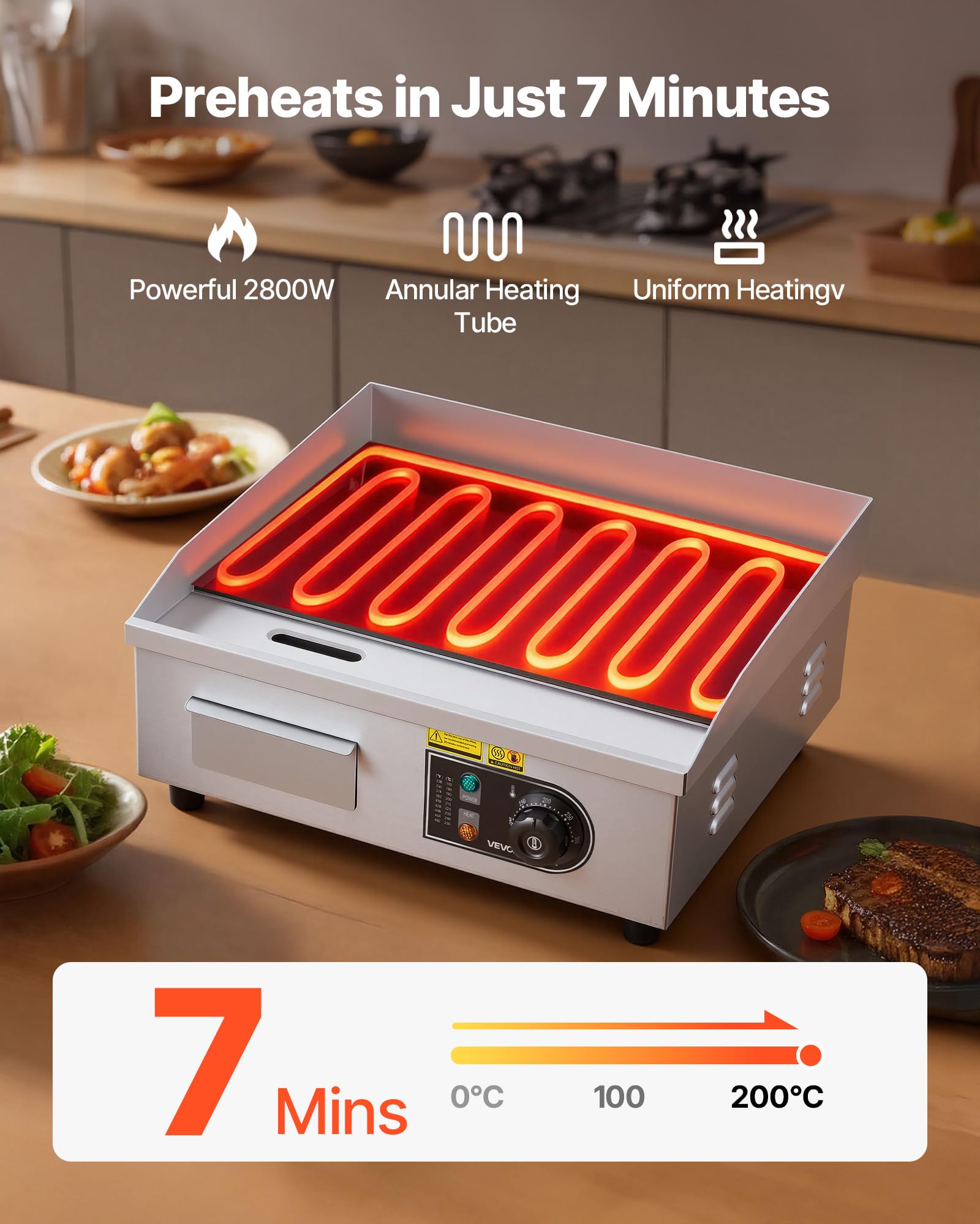 VEVOR Piastra Elettrica per Cottura Commerciale Superficie di Cottura da 450x300 mm Spessore Piastra in Ferro 8 mm, Temperatura Regolabile tra 50°C–300°C per Bistecca Barbecue Piatti da BBQ Grigliate