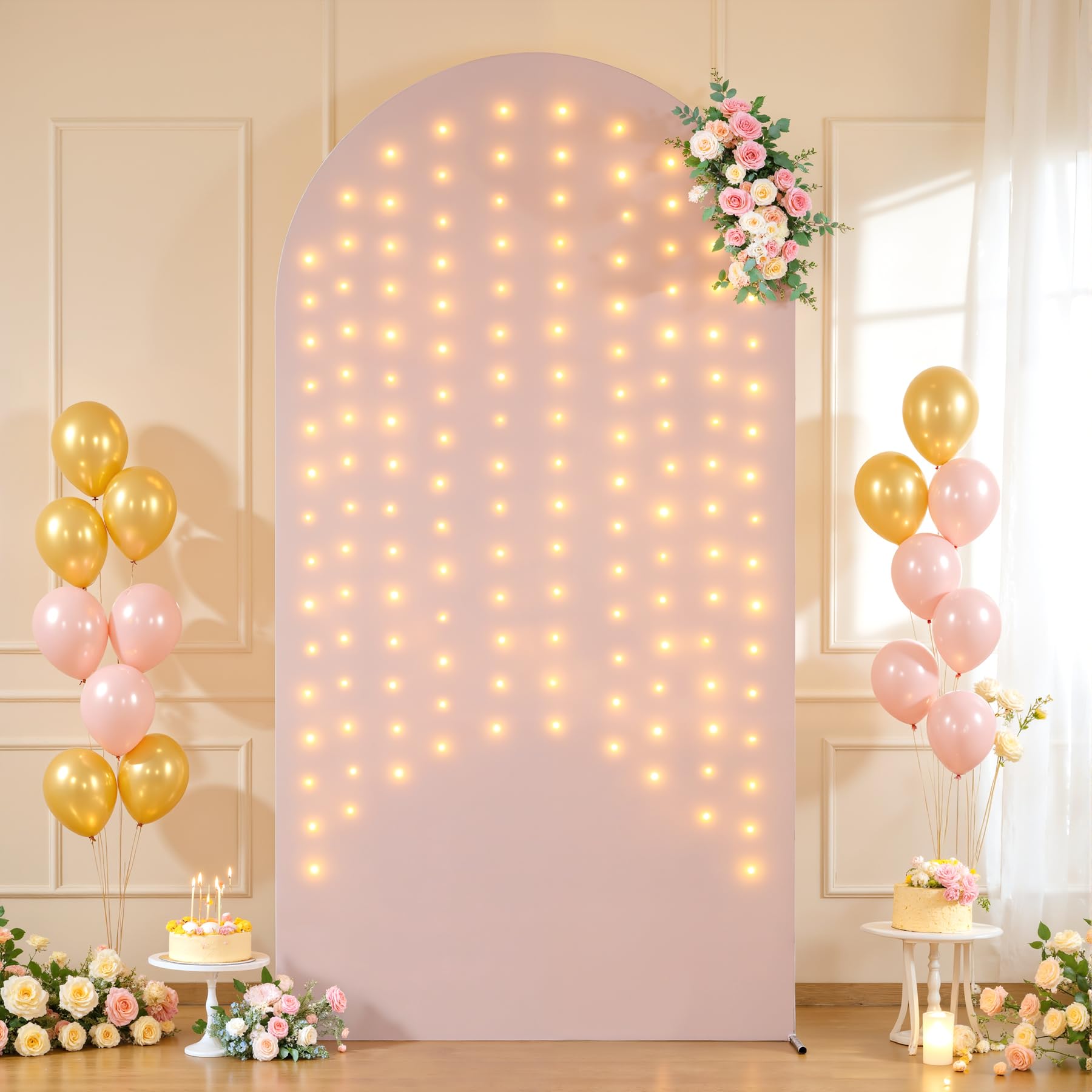 Nude Arch Cover with Light String 6ft Spandex Wedding Arch Backdrop Cover with Lights for Bridal Shower Birthday Party Baby Shower Christmas Photography Background Arch Stand Cover Elastic Backdrop