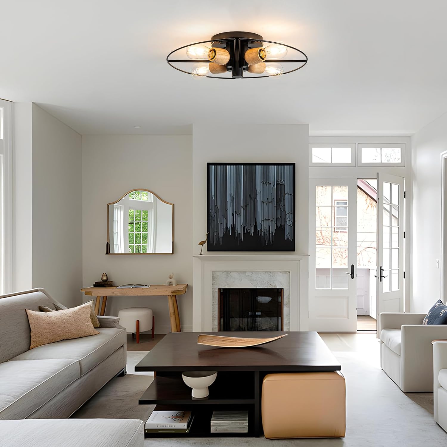 4 Light Sputnik Light Fixture Black Flush Mount Lights Industrial Ceiling Light Wood 21" Modern Farmhouse Ceiling Lights for Kitchen Bedroom Bathroom Foyer Hallway(E26)