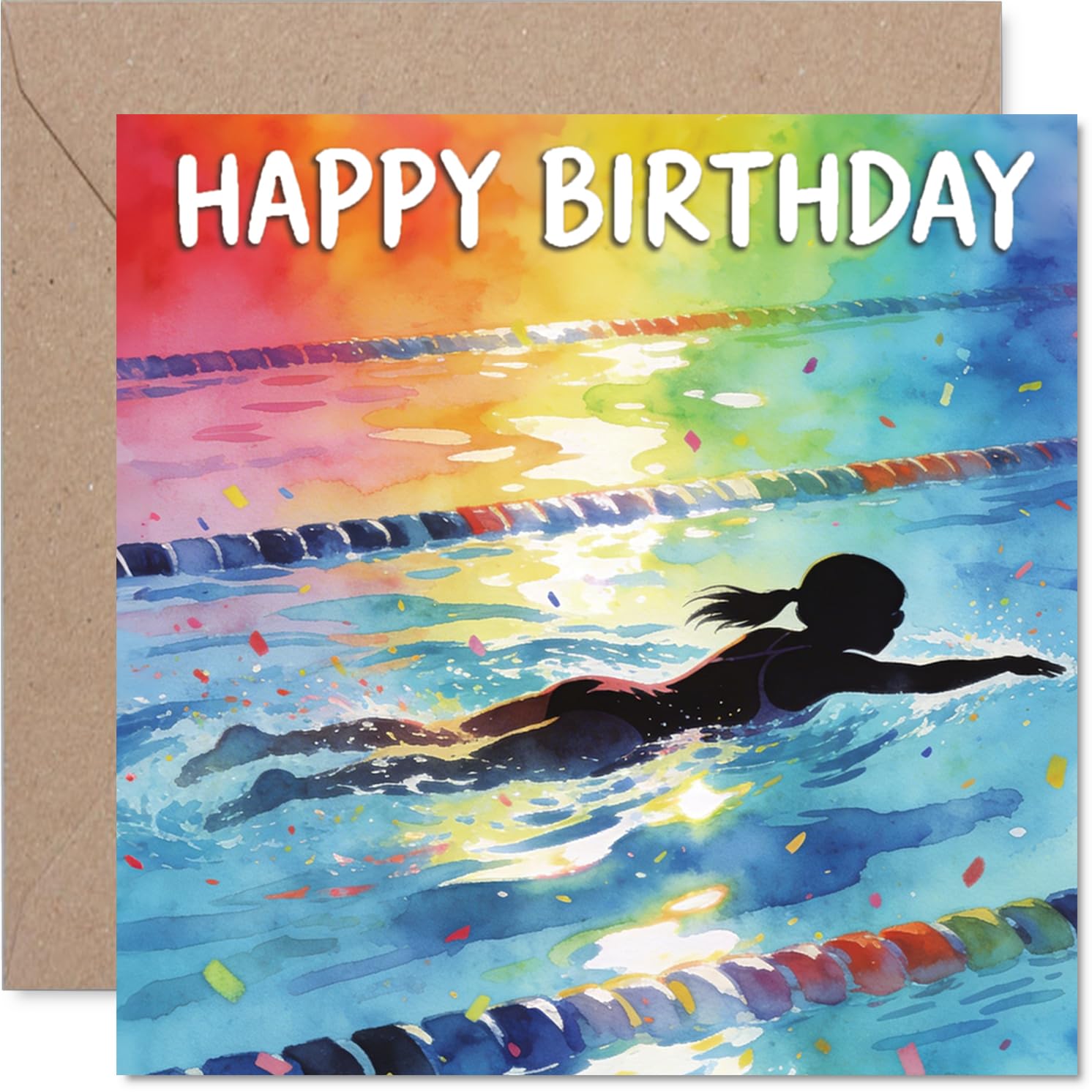 Playful Birthday Card - Dive into Birthday Cheer - Vibrant Watercolour Swimmer and Rainbow Splashes - Bursting with Celebration Energy - 145mm Square, Envelope Included